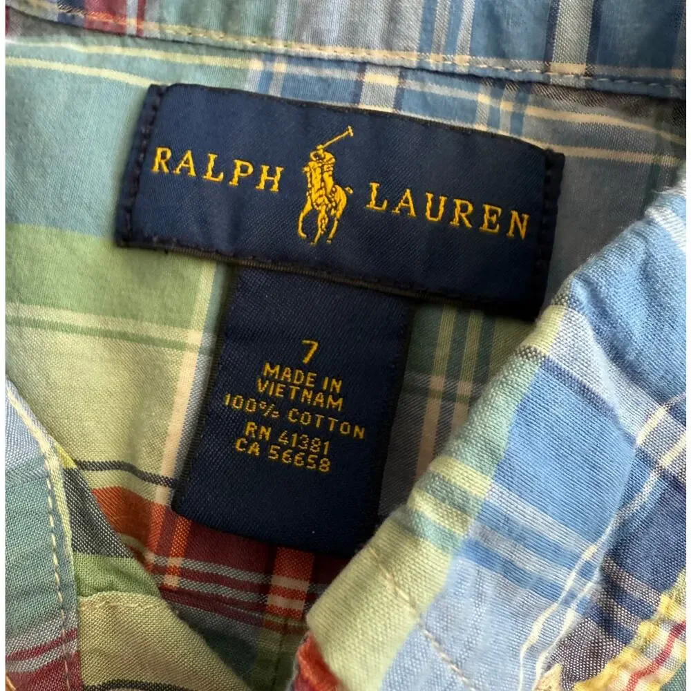 Ralph Lauren Boys Sz 7 Blue Green Red Yellow Plaid Button‎ Down Shirt